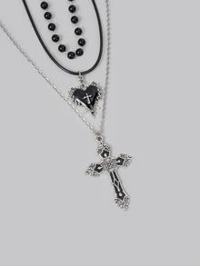 DareSee 3pcs Vintage Gothic Style Black Pearl Flower Heart Cross Necklace Set, Y2K Necklace Jewelry Set For Women - Black - View 2