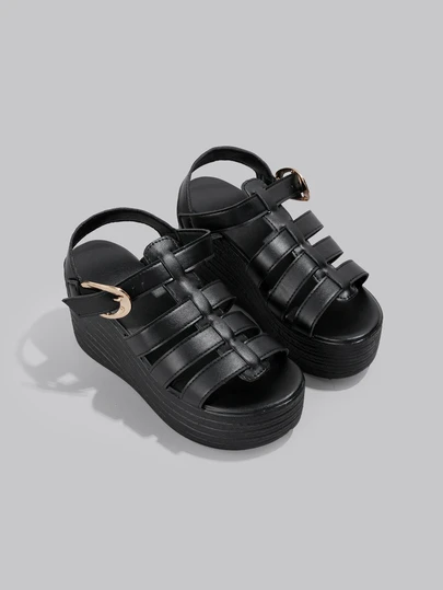 DareSee Women's Plus Size Solid Color Metal Buckle Sandals, Soft Breathable Fabric, Suitable For Daily Wear, Gatherings, Casual With Pants Or Skirts, Fashion And Comfort, Essential For Wardrobe, Platform Wedge Roman Sandals,Spring Summer Outfits