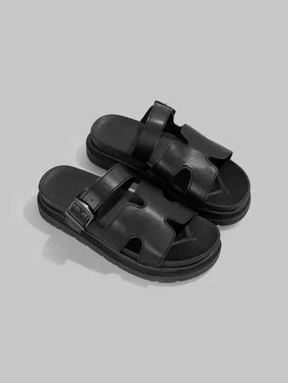 DareSee Dép lê nữ đế dày màu đen hở mũi mới mùa hè 2026, giày đi biển đa năng có khóa cài thời trang, dép xăng đan cỡ lớn kiểu dáng rộng rãi.