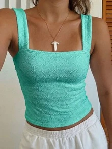 Áo tank top nữ gợi cảm ôm sát cổ vuông, chất liệu vải dệt jacquard màu trắng, kiểu dáng ôm vừa vặn, màu trơn, thích hợp mặc mùa hè. - Màu xanh Cadet - Xem 2