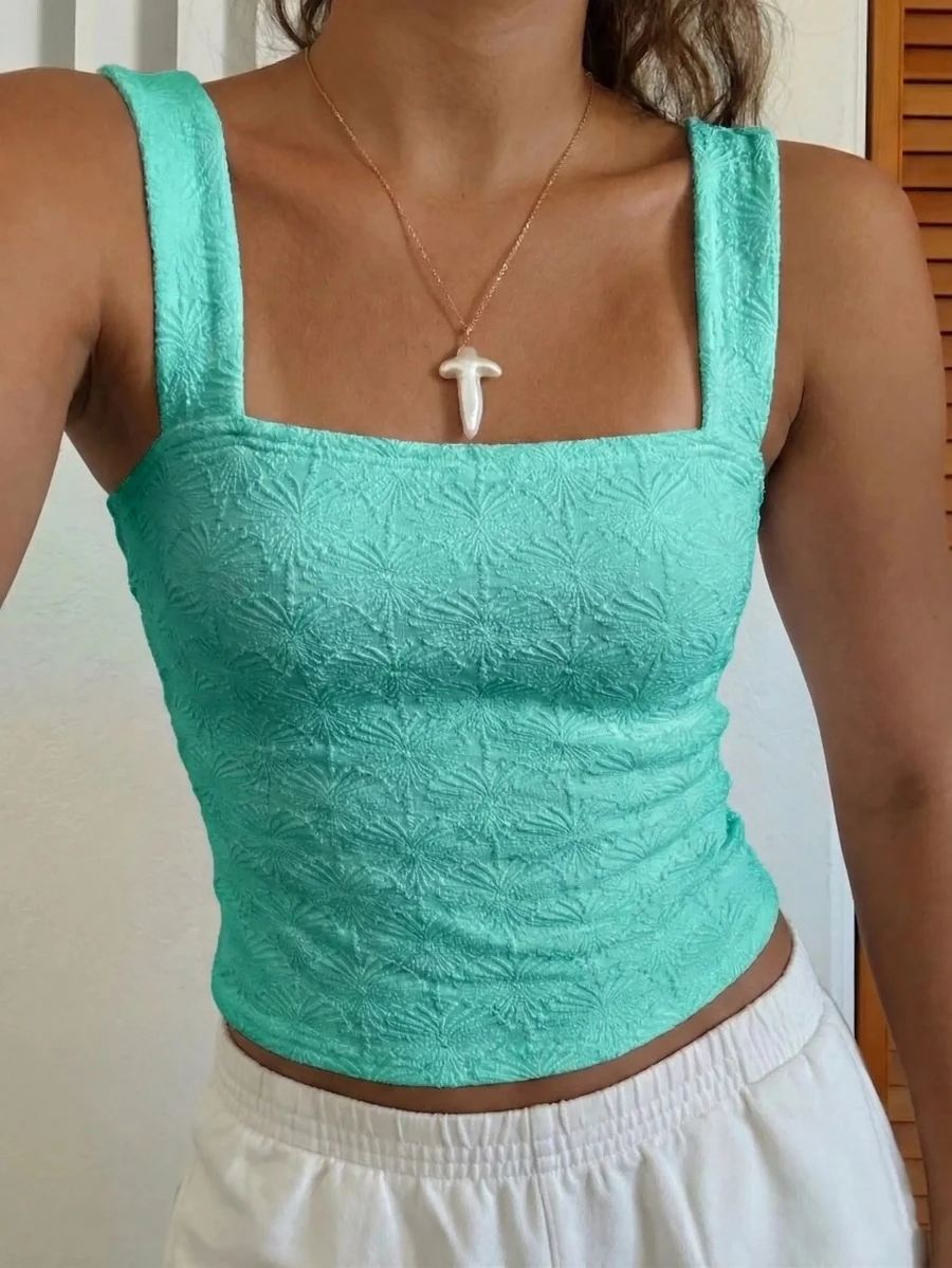 女士性感修身针织方领上衣,白色针织提花纹理面料背心,修身常规夏季女士纯色休闲背心 - 青碧色 - 查看 1