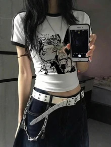 2026夏季新款女式上衣，修身剪裁，圆领，撞色条纹卡通印花，时尚休闲亚文化Y2K圆领T恤，单件白色 - 白色 - 查看 2