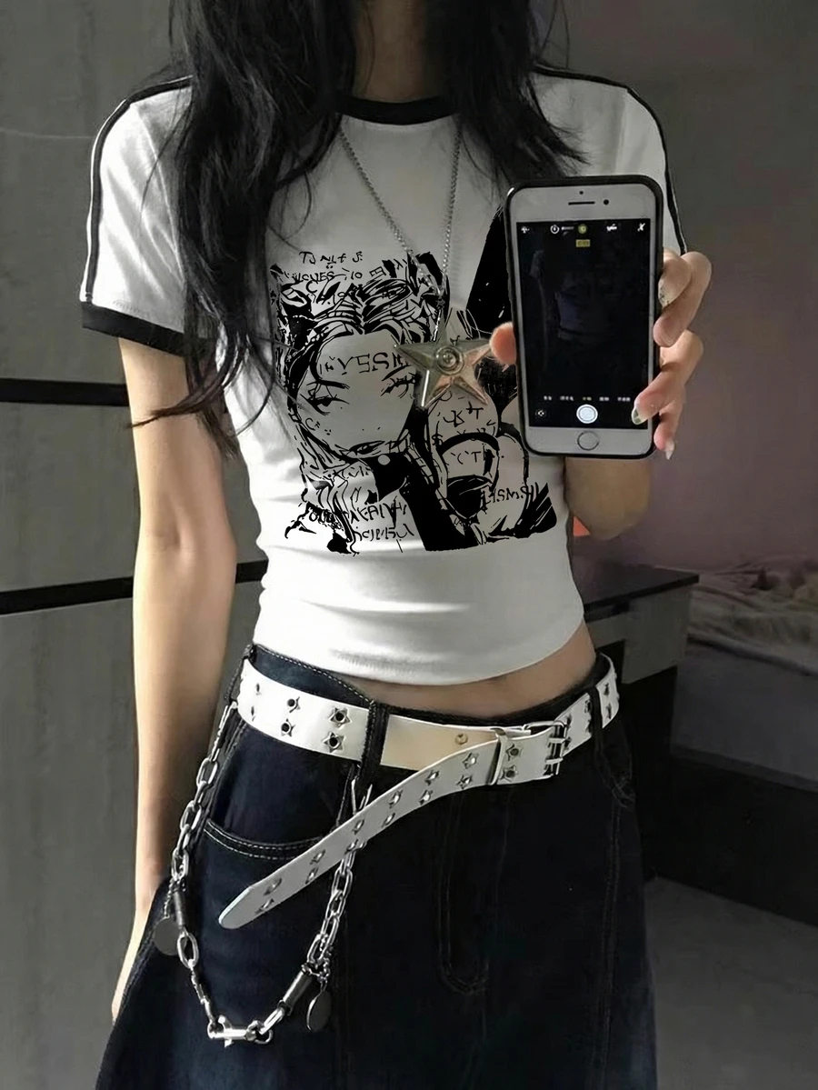 2026夏季新款女式上衣，修身剪裁，圆领，撞色条纹卡通印花，时尚休闲亚文化Y2K圆领T恤，单件白色 - 白色 - 查看 1