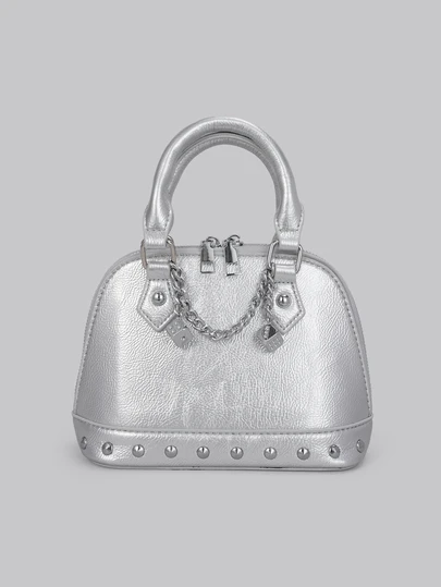 DareSee 1 件时尚银色 PU 铆钉链条装饰贝壳包朋克风格迷你手提包，Y2K
