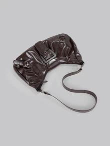 DareSee 1pc Vintage Milady Distressed Soft Leather Motorcycle Bag For Women, Decorated With Rivets, Buckles, Pleats, Cloud-Shaped, Suitable For Shoulder, Crossbody Or Handheld, For Work, Commute, Date, Party, Etc., Crescent Design, Fashionable Burgundy, Inspired By Femininity Halloween - Coffee Brown - View 6