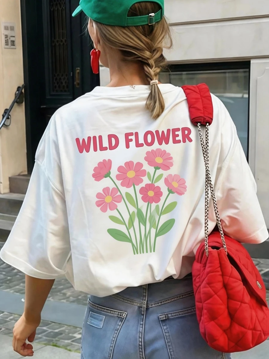 女士休闲花卉字母印花T恤，夏季 - 白色 - 查看 1