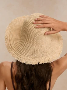 Tropiscape 1 件女士草帽，大帽檐防晒帽，海滩，度假，春夏季 - 米色 - 查看 5