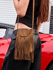 DareSee Túi đeo chéo da lộn tua rua hai mặt phong cách Bohemian tối giản cổ điển - màu nâu - Xem 1