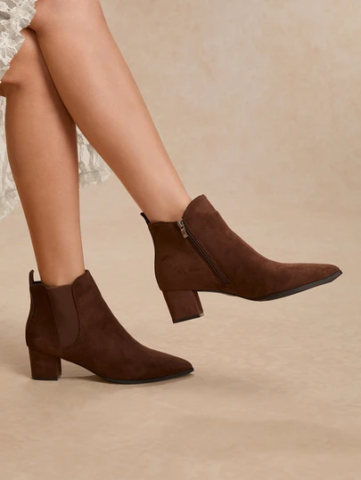 Tropiscape 1双棕色尖头踝靴，女士纯色优雅波西米亚风派对时尚复古户外派对侧拉链尖头高跟女靴粗跟时尚踝靴派对户外秋冬经典切尔西靴