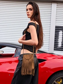 DareSee Túi đeo chéo da lộn tua rua hai mặt phong cách Bohemian tối giản cổ điển - màu nâu - Xem 5