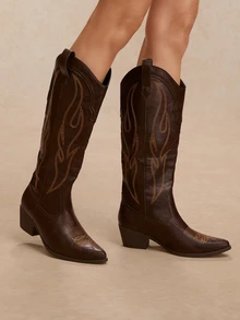 Tropiscape Fall/Winter 2025 Embroidered Solid Color Non-Slip Riding Boots, New One-Push Style Outerwear Women Boots, Fashion Comfortable Versatile Boots, Casual &,Western Style,Cowboy Boots,Cowgirl Boots,Coachella Cottagecore,SummerOutfit - Brown - View 4