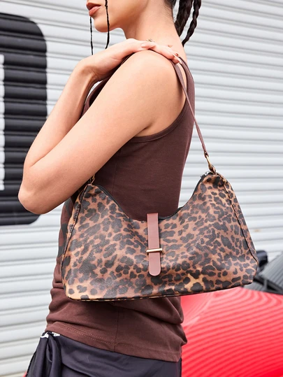 DareSee 豹纹单肩包：时尚手持腋下时尚配饰，适合各种场合 - PU 材质、拉链开合、动物印花设计