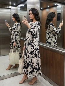 Đầm maxi dài tay in hoa đen trắng phong cách Bohemian dành cho nữ, đầm dự tiệc thanh lịch thường ngày, đầm dài in hoa đen trắng kiểu Pháp, đầm Bohemian dài tay tối giản, đầm dự tiệc biển thoải mái, đầm maxi tay phồng rộng rãi, đầm khoác ngoài thường ngày cho kỳ nghỉ. - màu đen - Xem 2