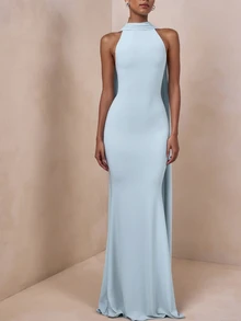 Blue Sleeveless Extra Long Mermaid Tail Evening Gown, Summer Party Dress - Baby Blue - View 2