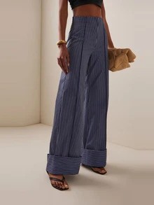 Quần ống rộng kẻ sọc dáng suông thoải mái dành cho nữ, thích hợp cho mùa xuân và mùa hè. - Màu xanh hải quân - Xem 1