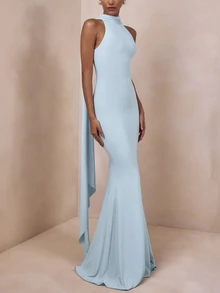 Blue Sleeveless Extra Long Mermaid Tail Evening Gown, Summer Party Dress - Baby Blue - View 6