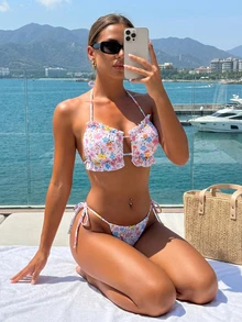 女士吊带印花比基尼套装，荷叶边装饰，系带露背，休闲性感高弹泳衣 - 彩色 - 查看 2