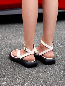DareSee Women's Fashionable Platform Thick Sole Genuine Leather Toe-Loop Metal Buckle Back Strap Sandals,Flip Flops,Spring Summer Outfits - White - View 6