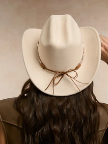 Tropiscape 1pc Women's Solid Color Faux Wool Handmade Decorated Western Cowboy Hat, Jazz Hat, Panama Hat, Suitable For Music Festival, Western Cowboy Theme Event, Retro Party, Cosplay, Costume Night, Holiday Dance Party, Bachelor Party, Birthday Celebration, Stage Performance, And Daily Wear Cottagecore,SummerOutfit - Top Hat - View 4