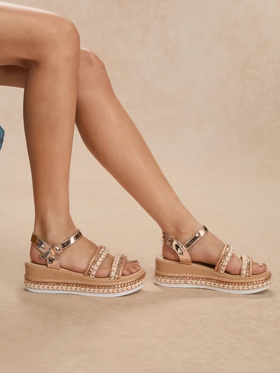 Tropiscape Summer Dressy Platform Sandals Woven Knot Beach Wedge Thick Bottom Roman Sandals With Rhinestone Decor Bohemian Open Toe Elastic Ankle Strap Decor Breathable Casual Elegant Flat Sandals,Travel Essential