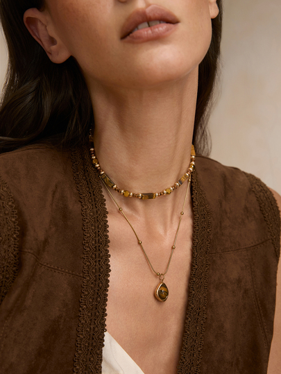 Tropiscape 1pc/Set Vintage Elegant Multi-Layer Tiger Eye Stone Pendant Necklace, Women's Double-Layer Clavicle Chain Jewelry Set, Fashion Jewelry, Best Friend Gift (Natural Stone Color And Round/Square Beads Quantity And Shape Are Random)