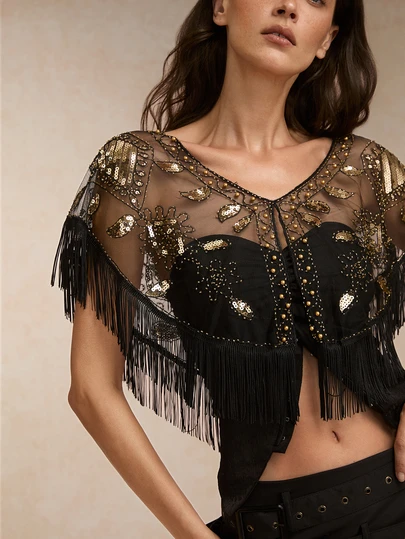 Tropiscape 1 pieza Chal de noche con decoración de lentejuelas para mujer, accesorio de vestido formal de estilo cheongsam vintage, capa ligera con cuentas