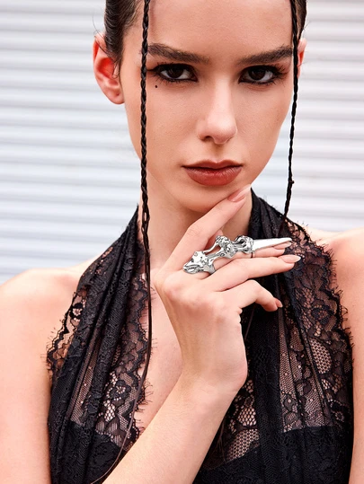 DareSee Punk Hip Hop Armored Couple Rings, Multi-Layer Adjustable Saturn Shaped Open Band Rings,