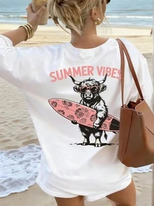 女士夏季短袖印花T恤，白色休闲沙滩滑板元素上衣度假款 - 白色 - 查看 1