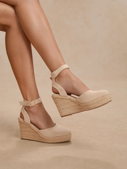 Tropiscape Women Beige Ankle Strap Woven Wedge Sandals, Round Toe High Heel For Vacation