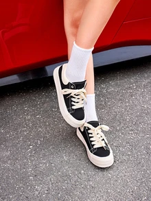 DareSee Fall/Winter Casual Black Canvas Sneakers For Women, Breathable And Versatile Round Toe Flat Skate Shoes For Spring And Summer Back To School - Black - View 4