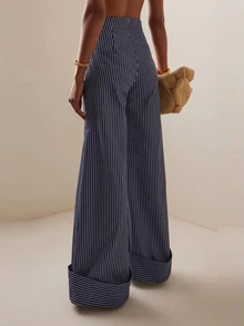 Quần ống rộng kẻ sọc dáng suông thoải mái dành cho nữ, thích hợp cho mùa xuân và mùa hè. - Màu xanh hải quân - Xem 2