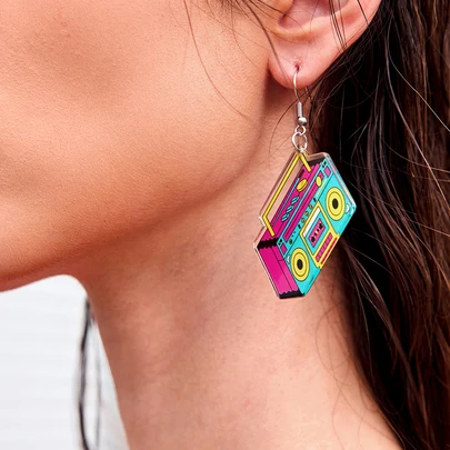 DareSee 1 Pair Vintage Acrylic Magenta Radio & Cassette Tape Minimalist Design Earrings For Women