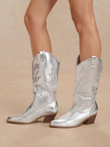 Tropiscape 女士金属套脚中粗跟过膝长靴，西部牛仔风格刺绣设计，适合秋冬季节，银色，牛仔靴，女牛仔靴，科切拉音乐节 - 銀色 - 查看 5