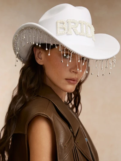 Tropiscape 1pc Women's Solid Color Shiny Wedding Hat. Unique Luxury Crystal Pendant Design, Paired With Faux Pearl "BRIDE" Letter, Novel And Interesting Punk Style Wide Brim Bridal Veil Hat, Inspired By KJ. Elegant Aesthetics. Suitable For Role Play, Theme Parties, Engagement Parties, Costume Parties, Festivals, Western Weddings, And A Must-Have For 2024 Weddings, Showcasing Graceful Charm.