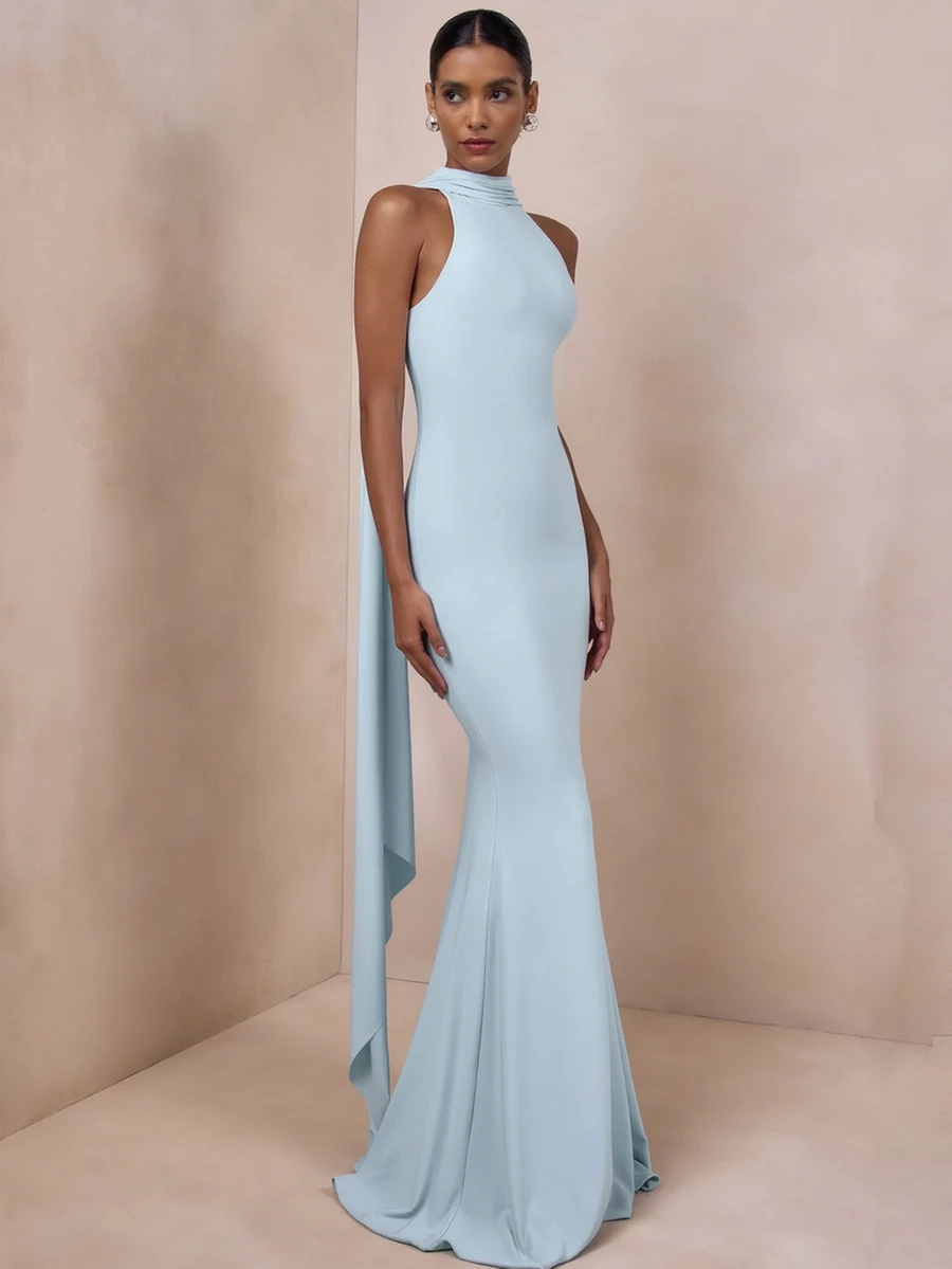 Blue Sleeveless Extra Long Mermaid Tail Evening Gown, Summer Party Dress - Baby Blue - View 1