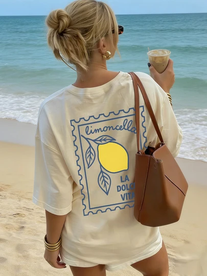 Áo thun ngắn tay cổ tròn in hình chanh, kiểu dáng đơn giản, thời trang mùa hè, dễ mặc hàng ngày dành cho nữ.