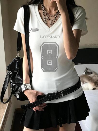 2026年春夏 Vネック ショルダーTシャツ、スリム&ナンバー&グラフィックプリント、ファッショナブルで多用途なKoreanスタイルの女の子トップス