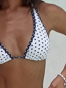 女款優雅波點運動休閒比基尼套裝，三角杯掛脖V領露背綁帶對比飾邊高衩泳褲，度假海灘夏季款 - 藍白色 - 查看 8