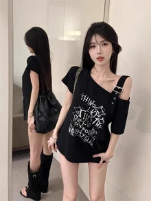 性感不对称肩短袖T恤，夏季小众设计，宽松修身，黑色 - 黑色 - 查看 2