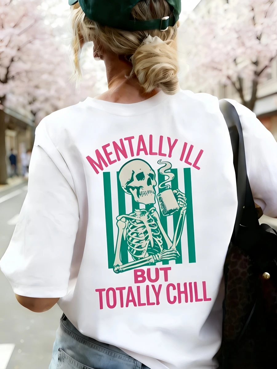 Áo thun ngắn tay nữ kiểu dáng thường ngày in hình đầu lâu và chữ cái, thích hợp cho mùa hè. - trắng - Xem 1