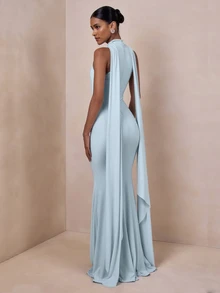 Blue Sleeveless Extra Long Mermaid Tail Evening Gown, Summer Party Dress - Baby Blue - View 3