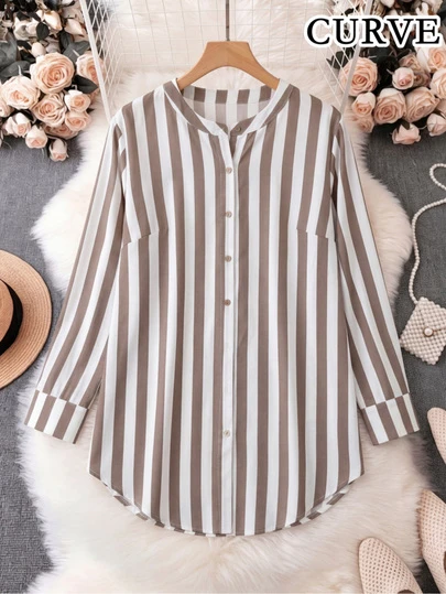 Camisa de mujer talla grande con botones delanteros a rayas, de manga corta, para uso casual