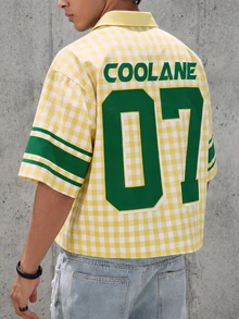 Men's Plaid "LEGEND 07" Numeric Badge Print Short Sleeve Shirt - Yellow - View 3