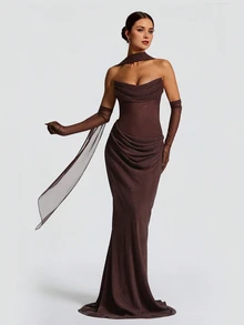 纯色优雅褶皱拉链无袖铅笔裙，适合婚礼宾客、海滩穿着（含围巾） - 紫紅色 - 查看 3