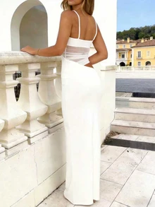 Women Solid Color Mesh Patchwork Sling Dress - White - View 2