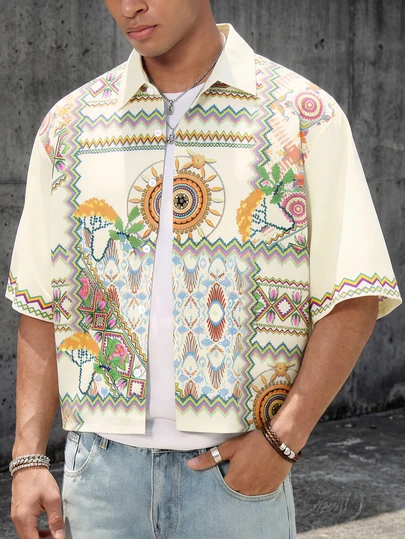 男士几何花卉印花短袖衬衫