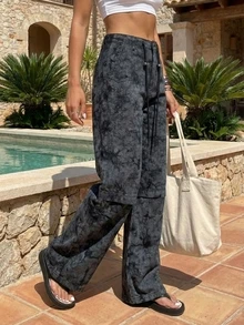 Quần jeans nữ denim in họa tiết bầu trời sao, kiểu dáng thanh lịch, dễ thương, phong cách bohemian, có dây rút, túi và cúc cài, khóa kéo, phù hợp cho mặc hàng ngày, hẹn hò, ở nhà, mùa xuân/hè. - màu đen - Xem 2