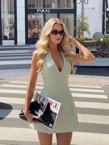 女士纯色编织吊带系带深V休闲度假优雅通勤连衣裙 夏季 - 綠色 - 查看 2