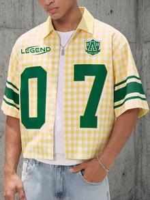 Men's Plaid "LEGEND 07" Numeric Badge Print Short Sleeve Shirt - Yellow - View 2