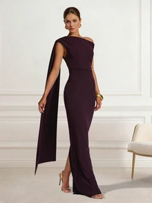 Elegant Asymmetric Neckline Knit Dress, Featuring Smooth Sleeveless Design, Graceful Ruched Details, And Long Pencil Skirt Hem. - Burgundy - View 2